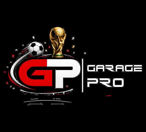 GP Garage Pro logo with red and white letters, soccer ball, and gold World Cup trophy on black background