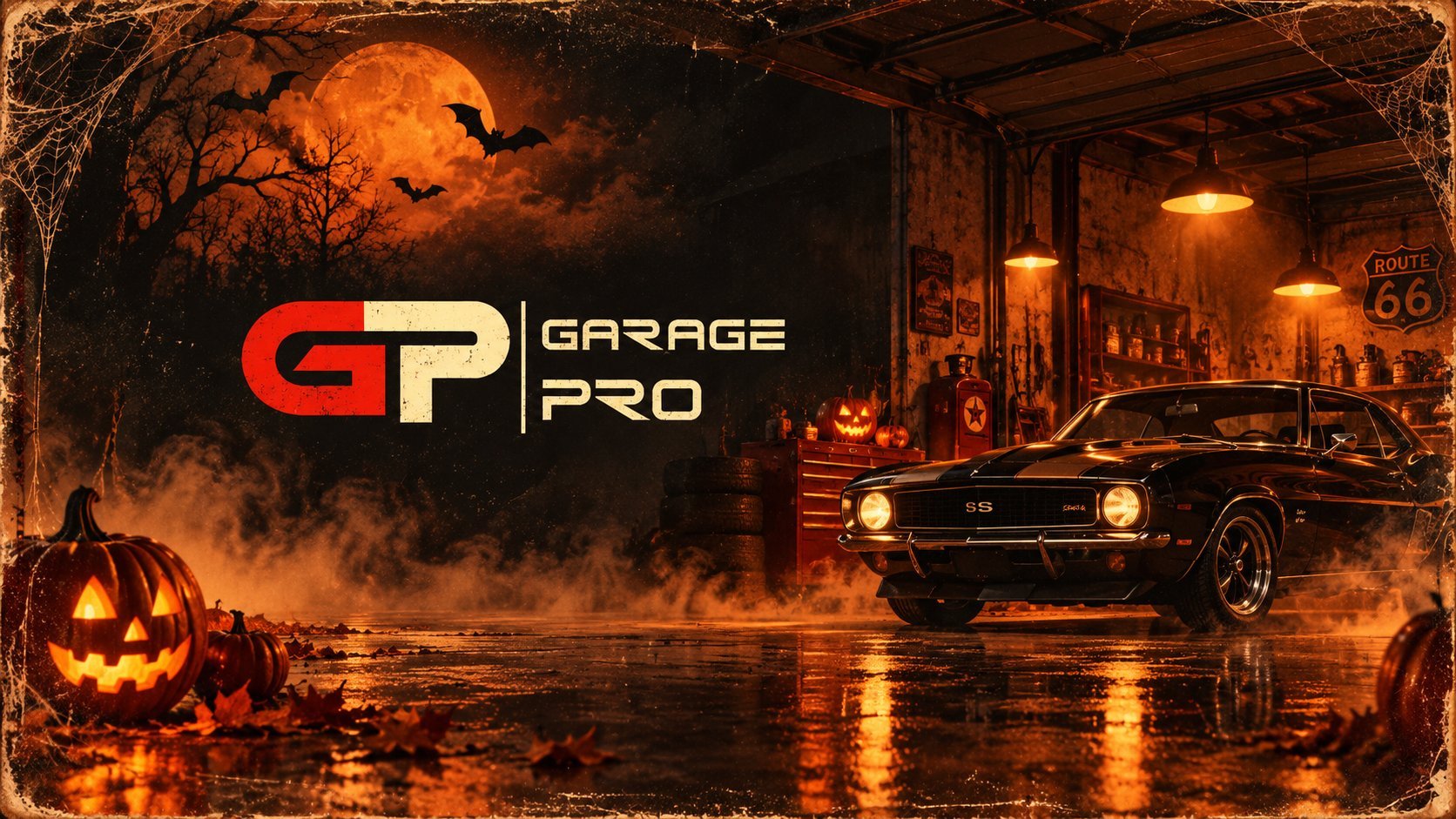 Garage Pro logo with classic car in spooky Halloween-themed garage setting with jack-o-lanterns and orange lighting