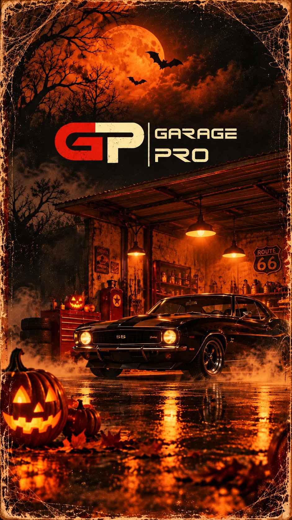 Garage Pro logo with classic muscle car parked under neon-lit garage at night, Halloween themed with orange moon, bats, and jack-o-lanterns